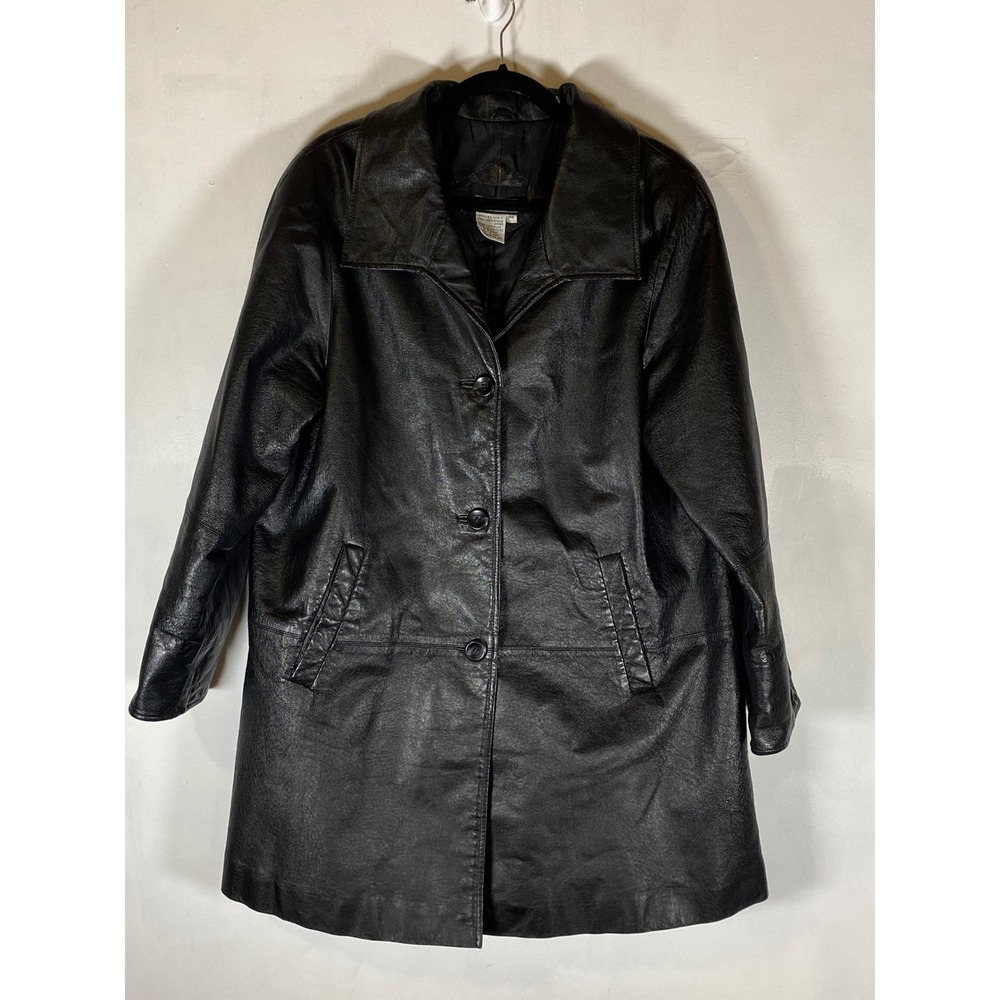 Via Accenti Black Genuine Leather Car Coat Long Jacket Large Minimalist Moto